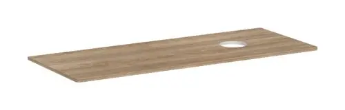 Holzplatte in Eiche Natur mit einem runden Ausschnitt auf der rechten Seite, geeignet für einen Aufsatzwaschtisch. Produkt von Hansgrohe.